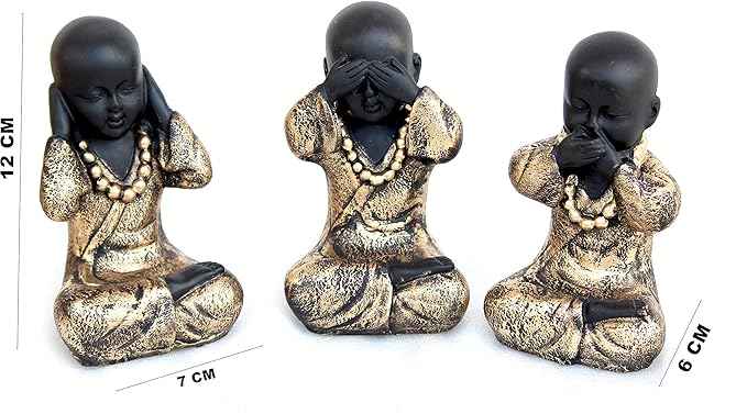 Set of 3 Black Gold Monk Statues - See No Evil, Hear No Evil, Speak No Evil - Elegant Zen Home Décor