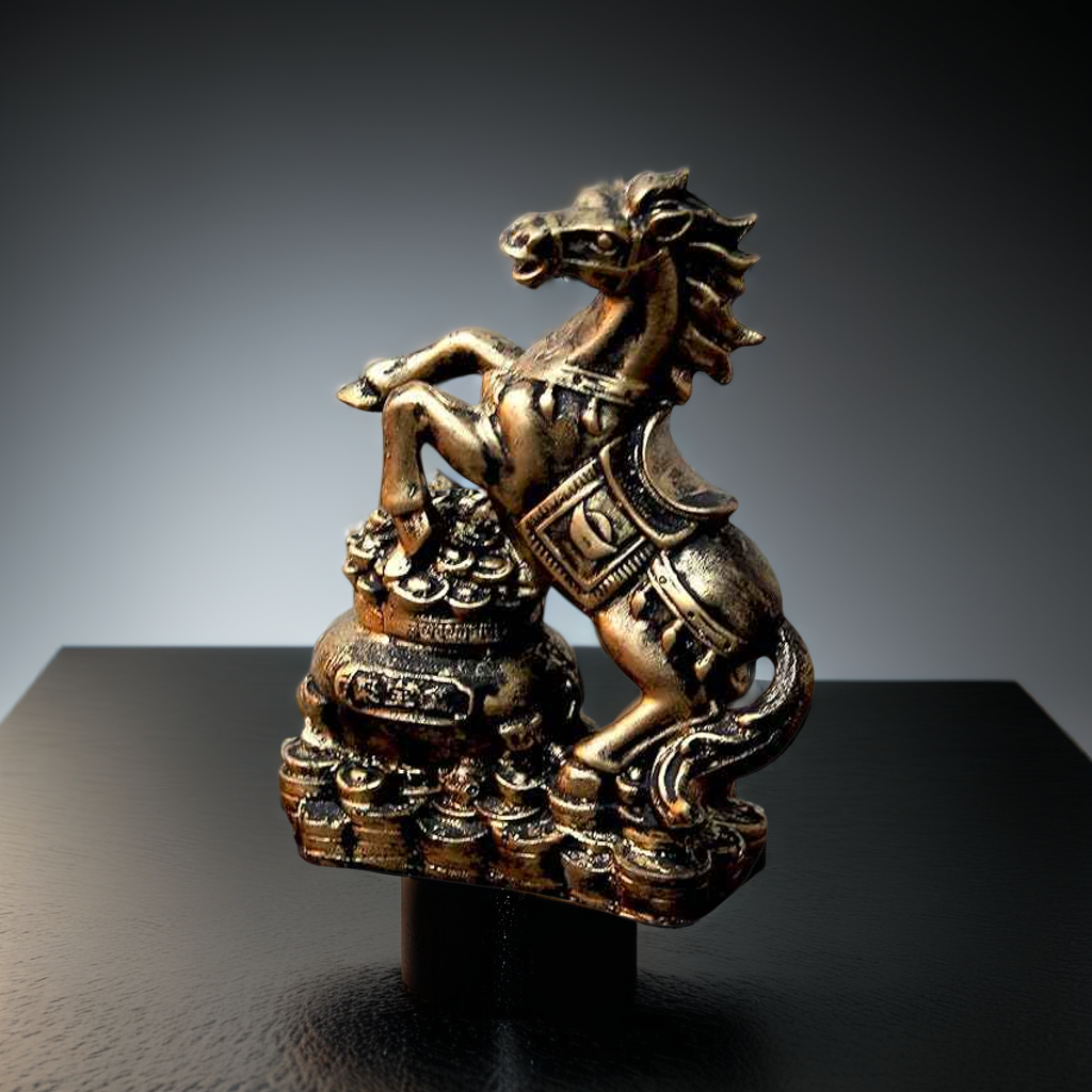 Golden Feng Shui horse statue rearing on gold coins, symbolizing wealth and success for home and office decor.