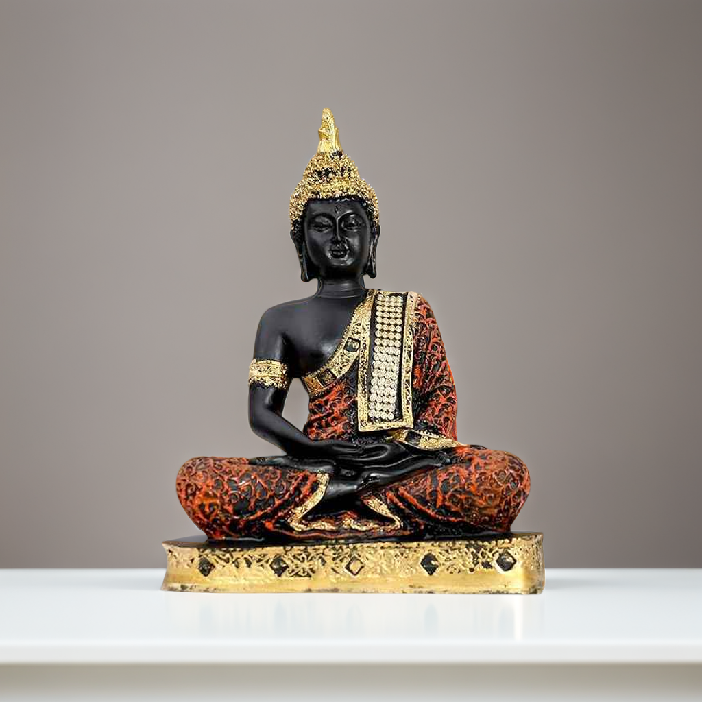 Bit Nite Serenity Buddha statue for living room, black and red with gold accents, on a white surface.