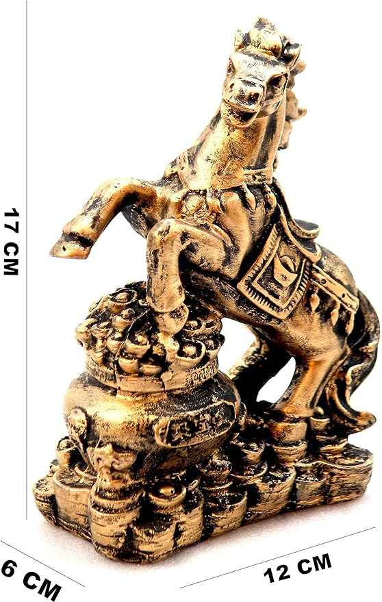 Feng Shui Golden Horse statue, 17 cm tall, on a base with gold coins for wealth & success home décor.