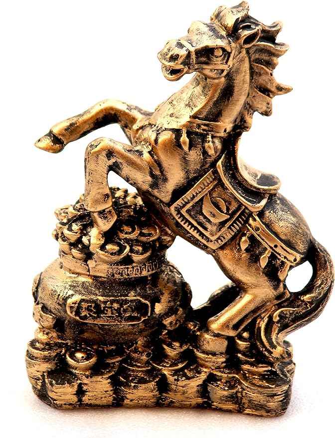Feng Shui Golden Horse statue in antique gold finish, rearing up on a base of coins and ingots.