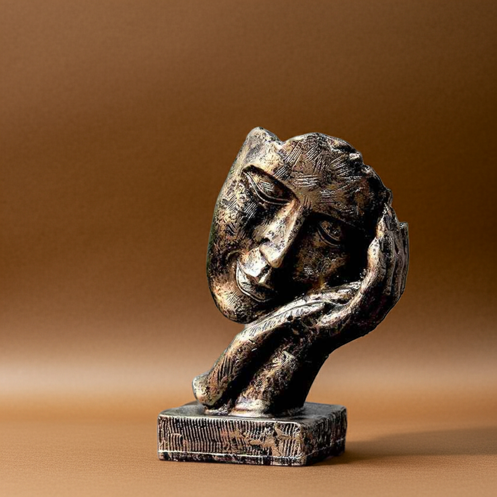 Abstract face sculpture in bronze finish, resting on a hand base, for modern tabletop decor. Perfect for home styling.