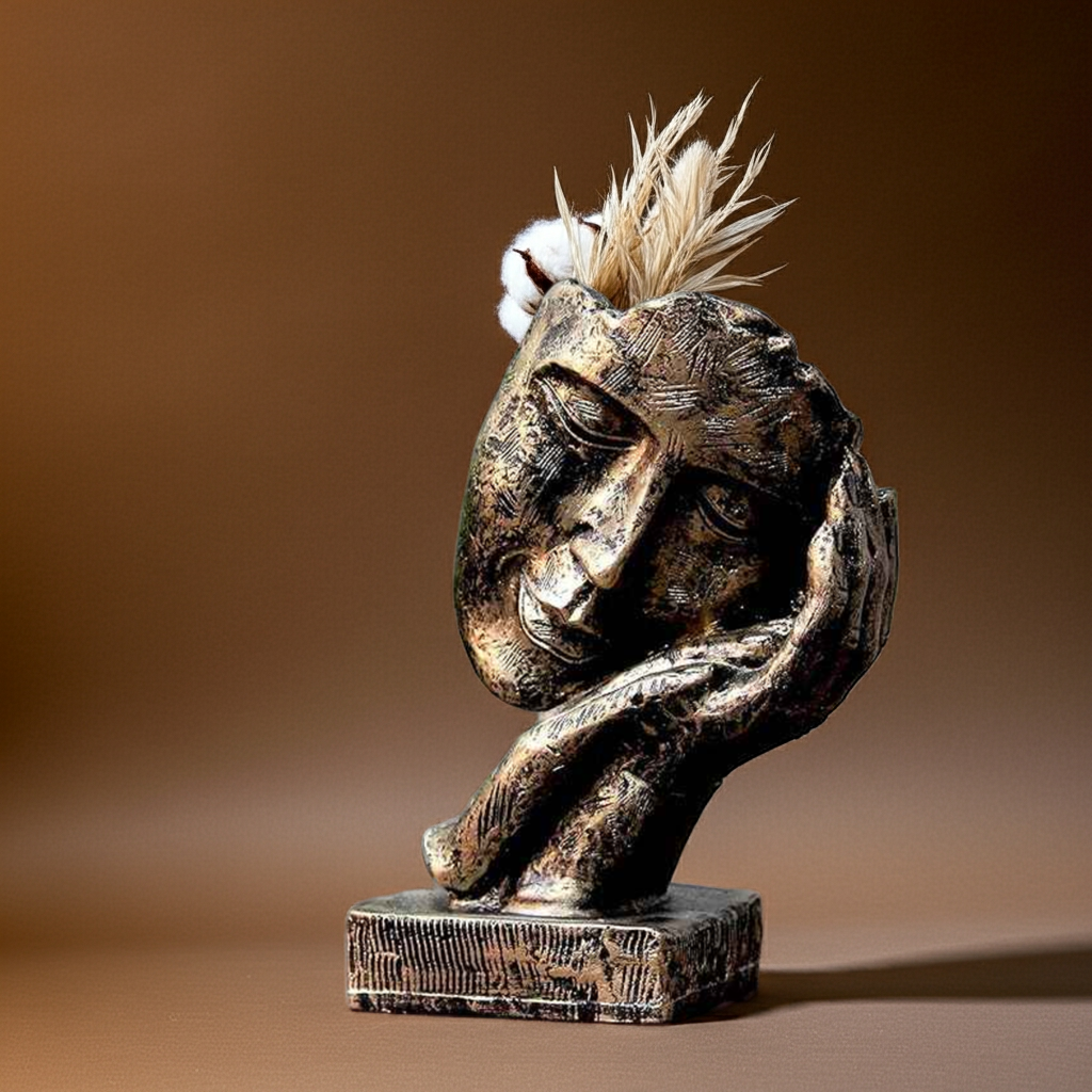 Bit Nite artistic tabletop face sculpture with textured bronze finish, holding dried pampas grass and cotton