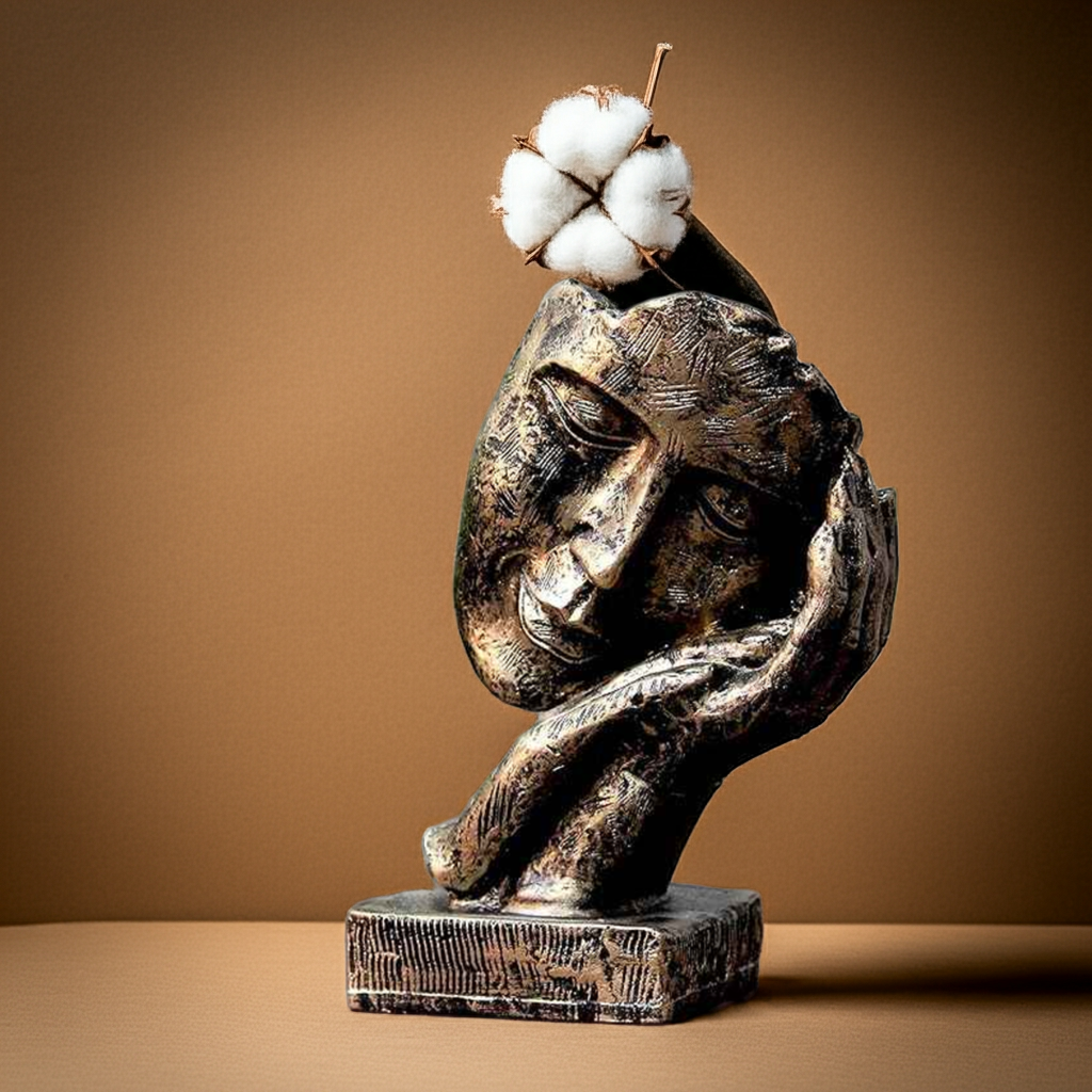 Bit Nite artistic tabletop face sculpture in bronze finish, with detailed features and a cotton flower accent