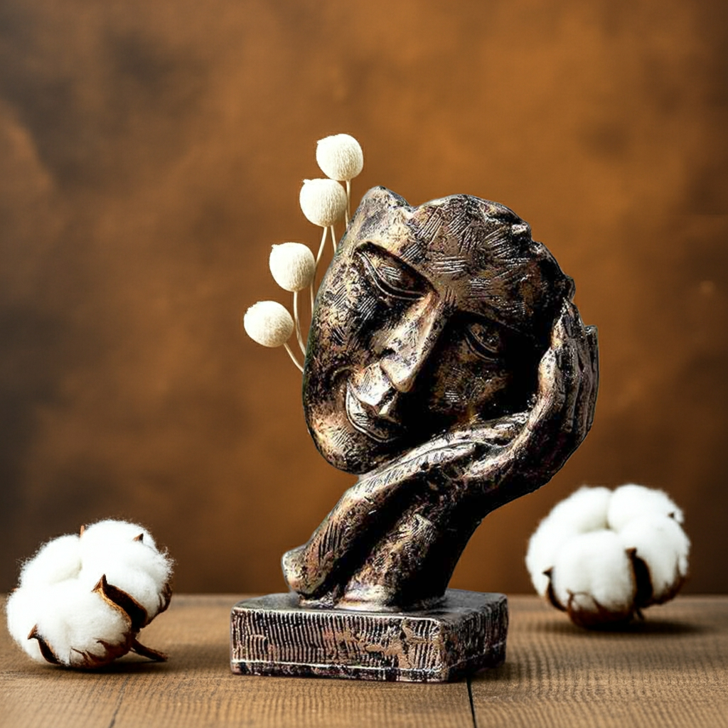 Bronze finish artistic tabletop face sculpture with textured details, resting hand, and white decorative elements.