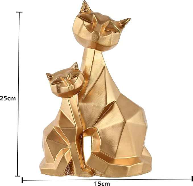 Golden Cat Figurine decor, two geometric cat statues 25cm tall, 15cm wide, on white background, for living room.