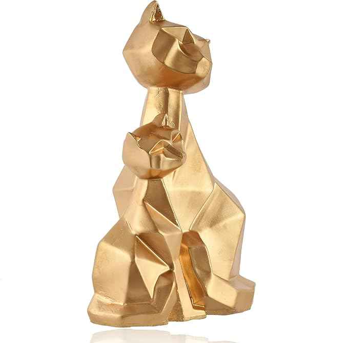 Golden geometric cat statue with kitten, elegant home decor figurine for living room, modern pet lover gift