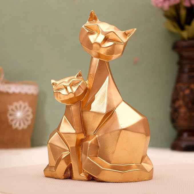 SwaSha Bit Nite elegant golden cat statue for living room decor, modern geometric design, luxurious finish