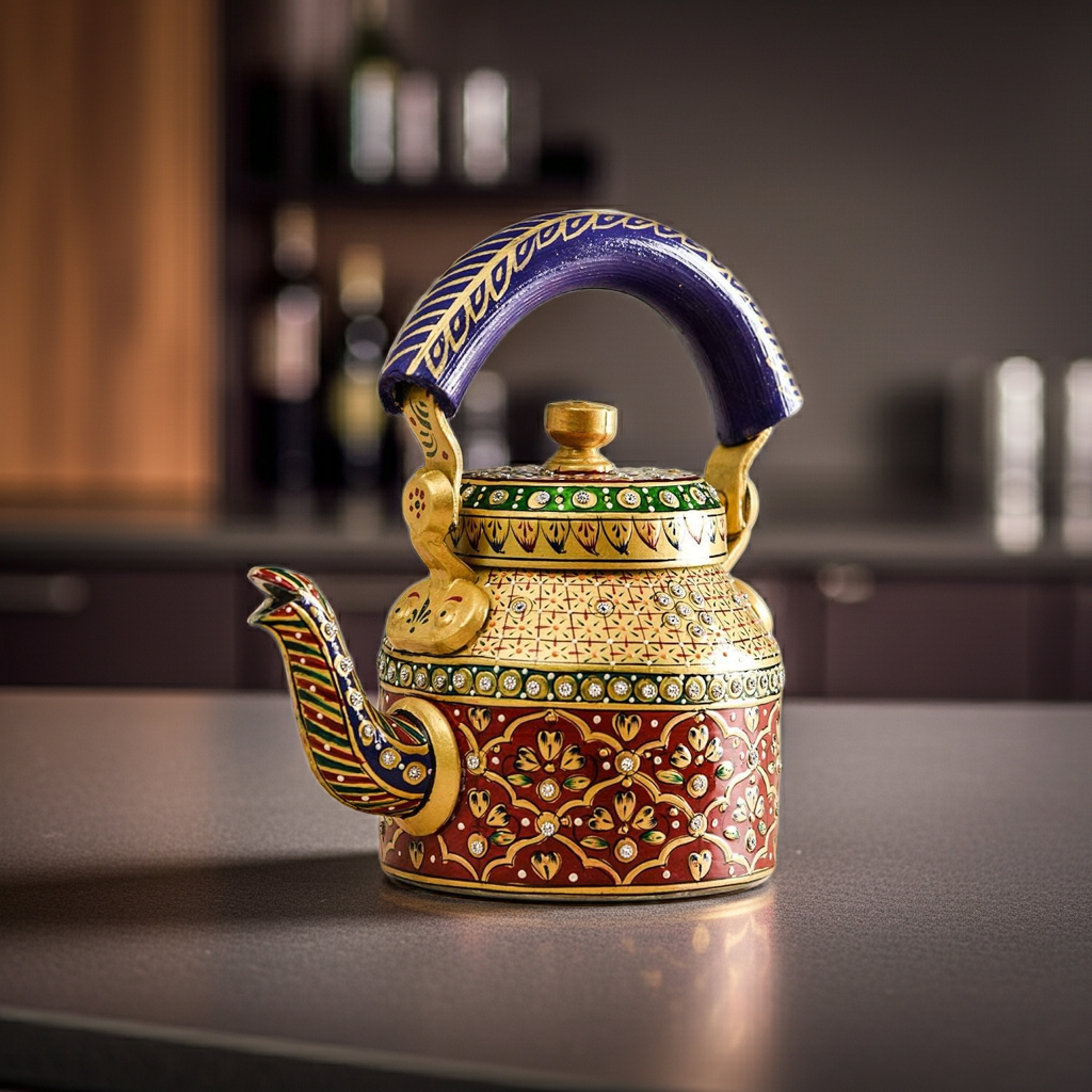 Bit Nite SwaSha handcrafted Rajasthani decorative tea kettle, red with intricate floral patterns, blue handle.