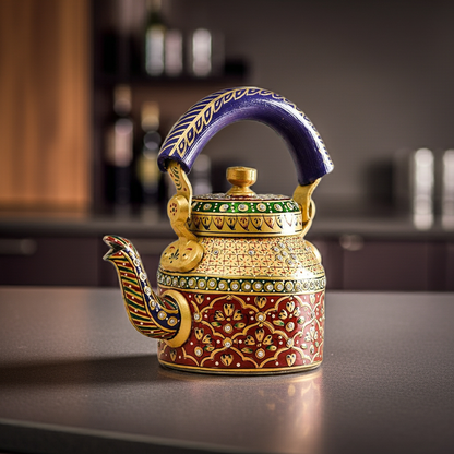 Bit Nite SwaSha handcrafted Rajasthani decorative tea kettle, red with intricate floral patterns, blue handle.