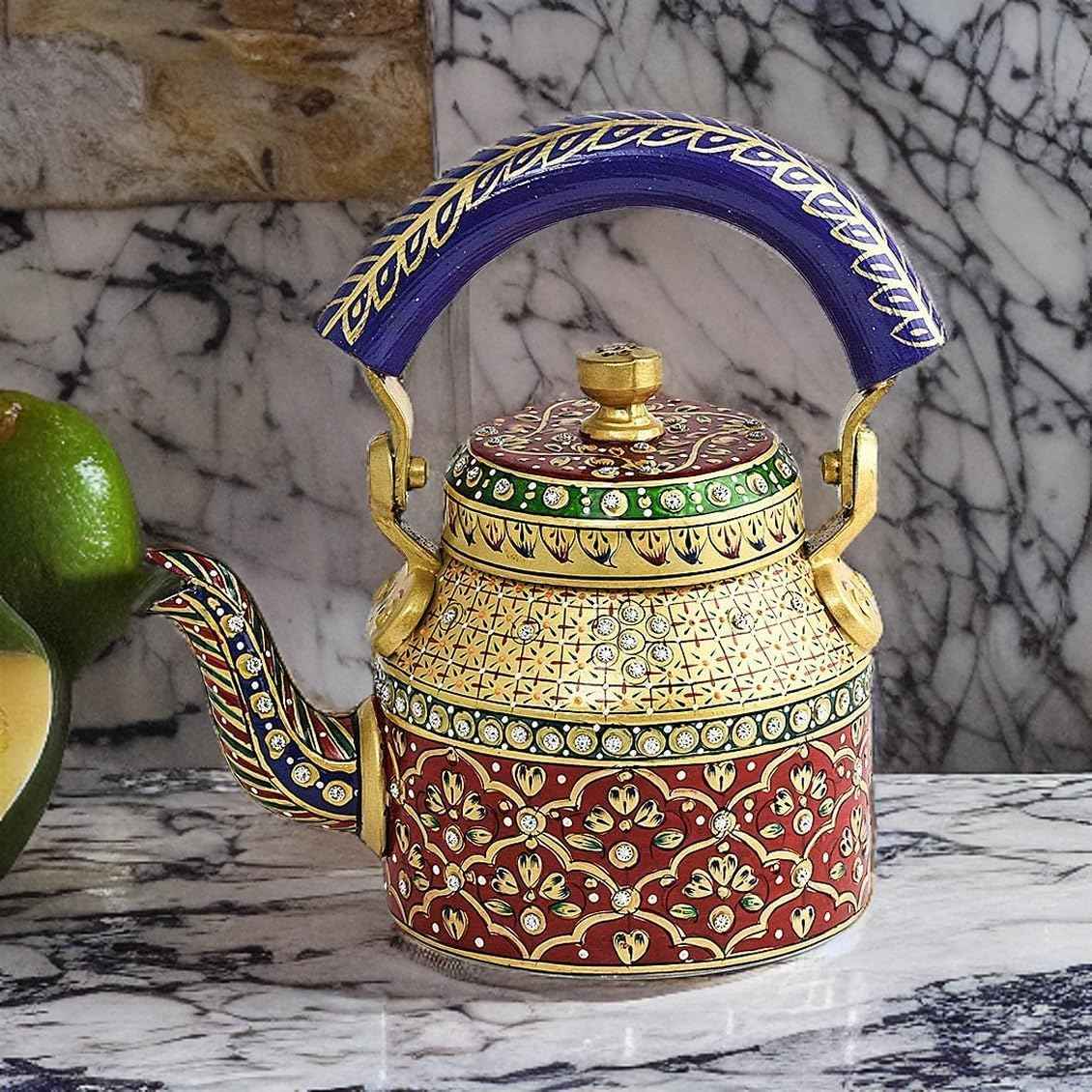 Bit Nite handcrafted Rajasthani decorative tea kettle with red, gold & blue patterns, adorned with jewels