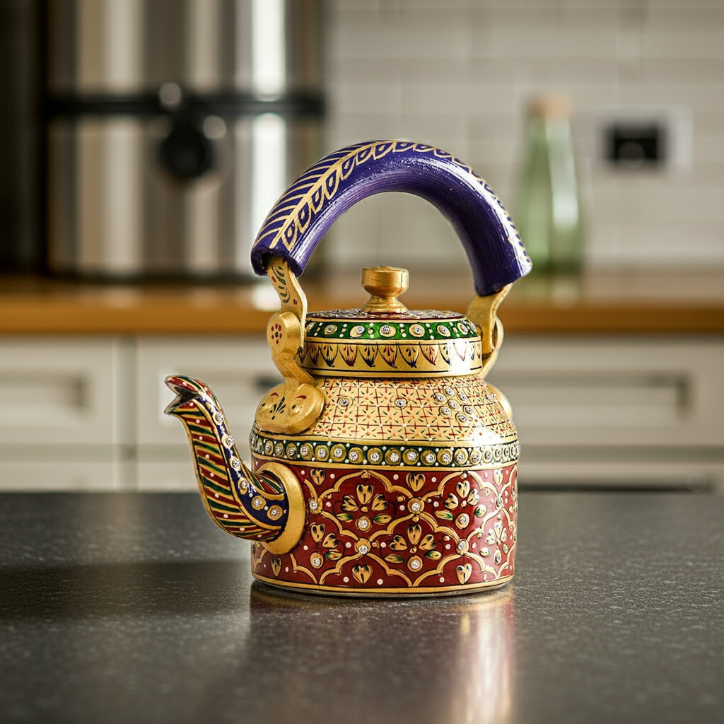SwaSha handcrafted Rajasthani decorative tea kettle, antique style metal teapot with vibrant traditional patterns, kitchen counter.