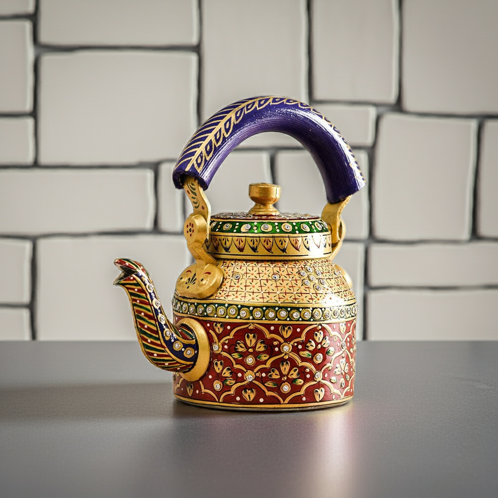 SwaSha handcrafted Rajasthani decorative tea kettle, red, gold, green floral patterns, purple handle, antique style metal teapot