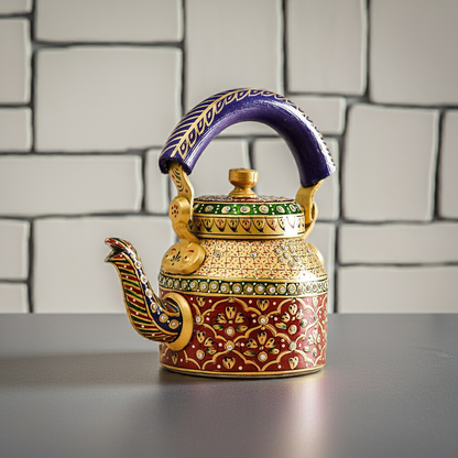 SwaSha handcrafted Rajasthani decorative tea kettle, red, gold, green floral patterns, purple handle, antique style metal teapot