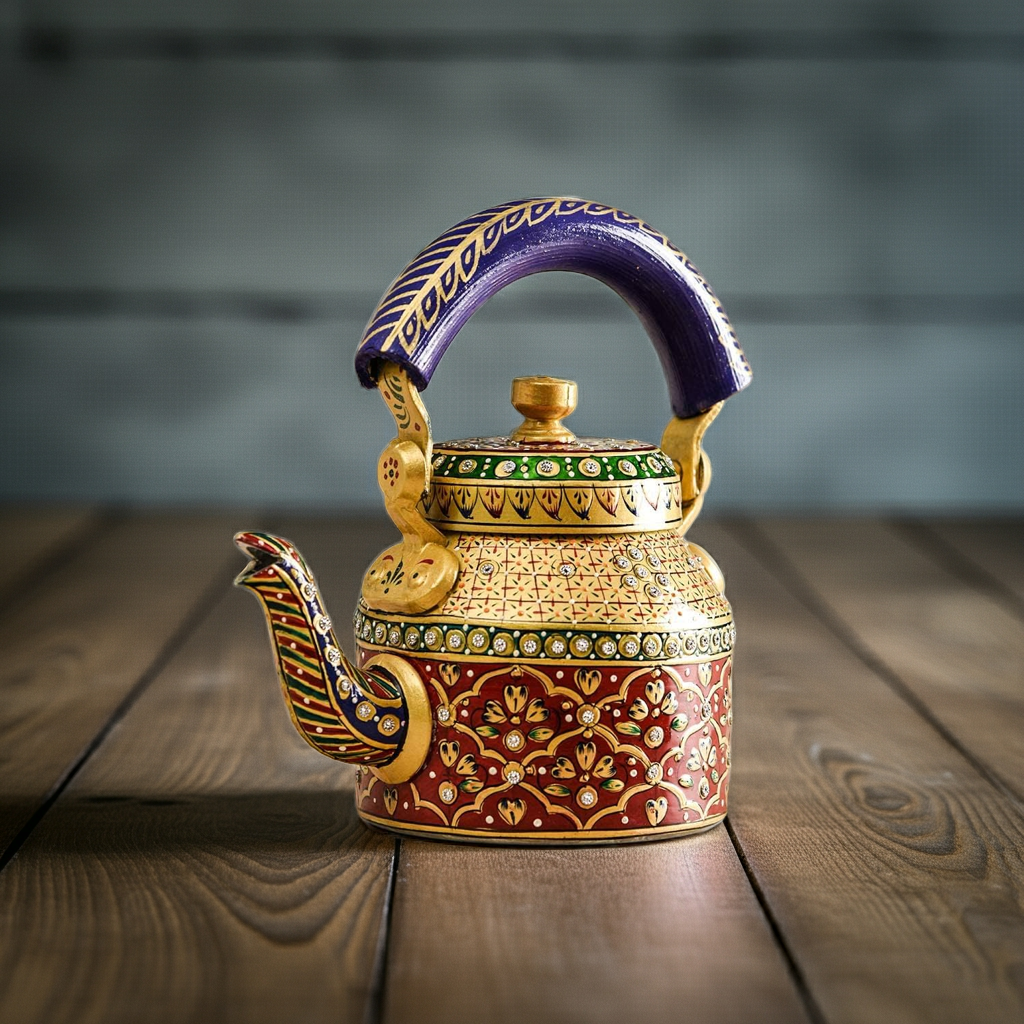SwaSha Handcrafted Rajasthani decorative tea kettle, artisanal metal teapot with vibrant floral patterns, purple handle.