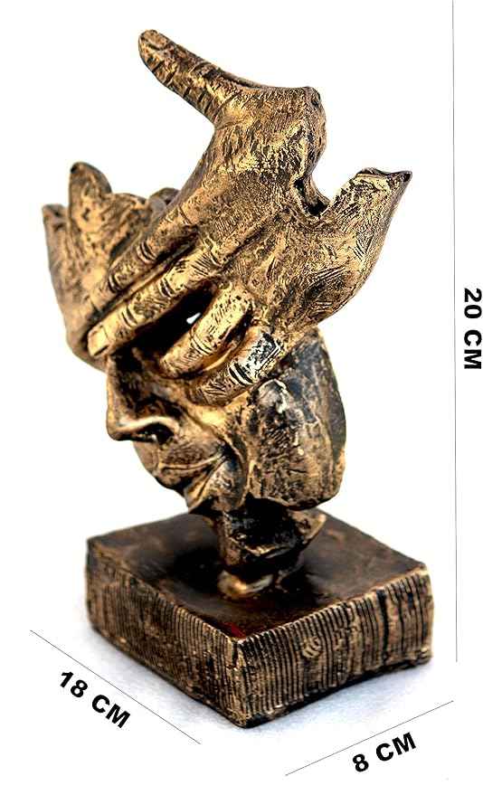 Modern art resin showpiece, an abstract thinking face sculpture with expressive hands covering its eyes, on a dark base