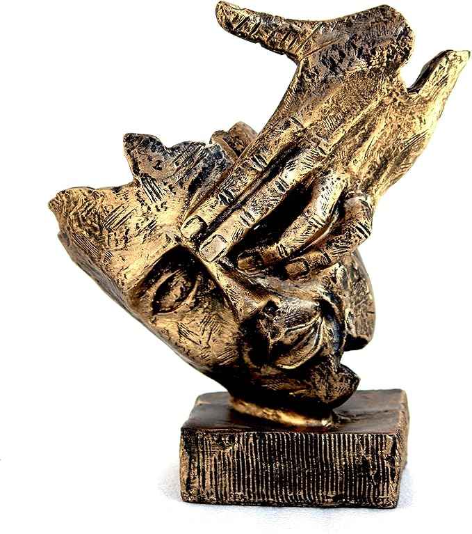 Bit Nite modern art resin showpiece: abstract golden hand and face sculpture with texture on a square base.