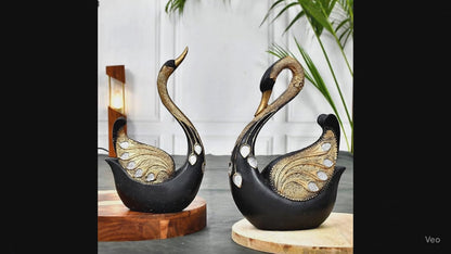 SwaSha Black & Gold Resin Swan Sculptures: Elegant Decor Pair for Luxury Homes