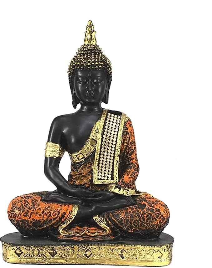 Serenity Buddha statue for living room, meditating idol in black with gold and orange patterned robes, on a decorative base.