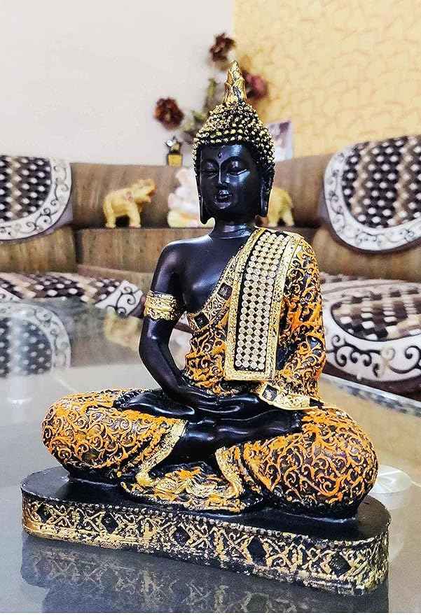 Bit Nite Serenity Buddha statue for living room in black and gold, meditating idol with intricate details