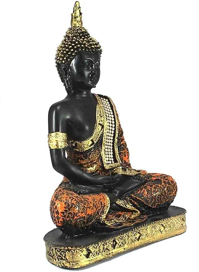 Serenity Buddha statue for living room, black and gold finish, meditating pose, intricate orange patterned robe.